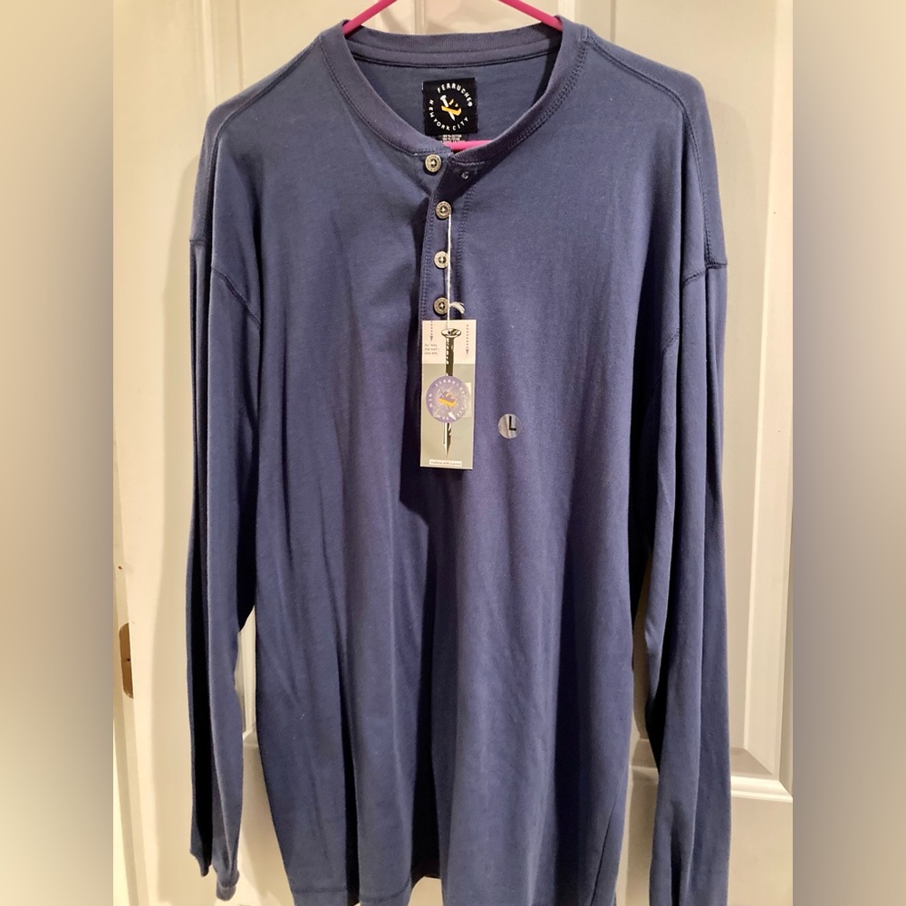 Ferruche New York City Henley Shirt Men's Blue Crew Button Casual Size L NWT